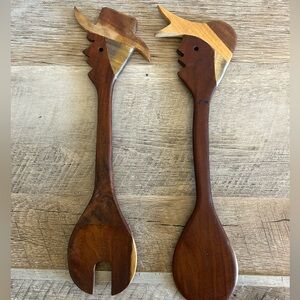 Vintage Hand Carved Wood Man Woman Salad Spoon Fork Set Folk Art Kitchen Decor